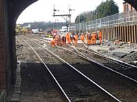 A view from the Rochdale bound platform at Castleton station of the track work on 31st March 2013.  Photo R S Greenwood